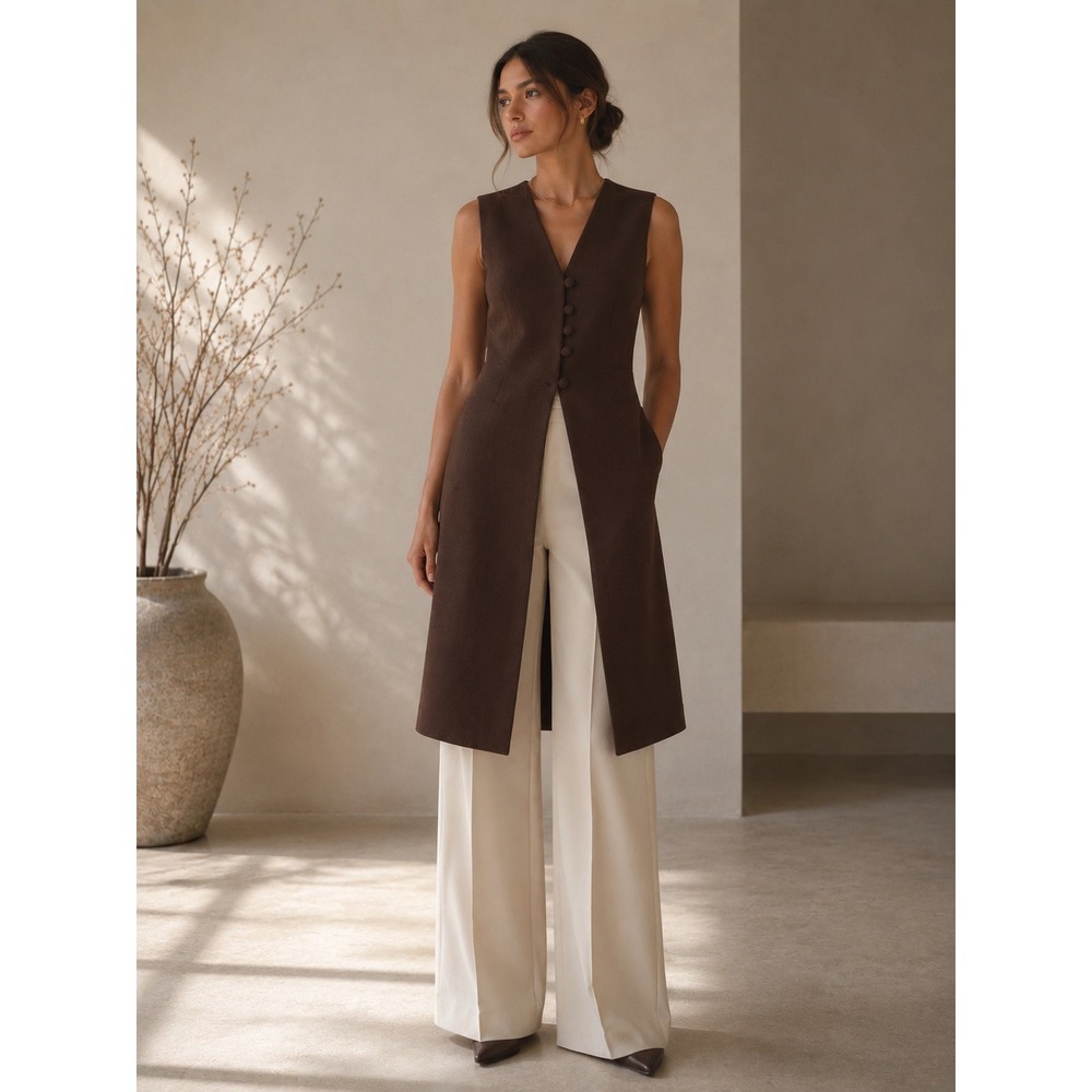 Vintage Chocolate Brown Longline Sleeveless Vest Button Front Minimalist Layer